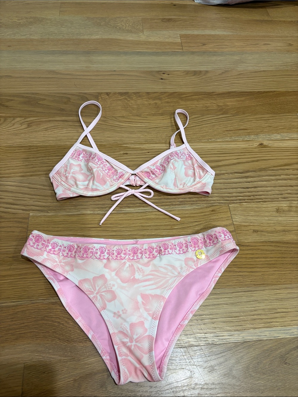Pink Palm Puff Pink Floral Tie-Front Bikini Set